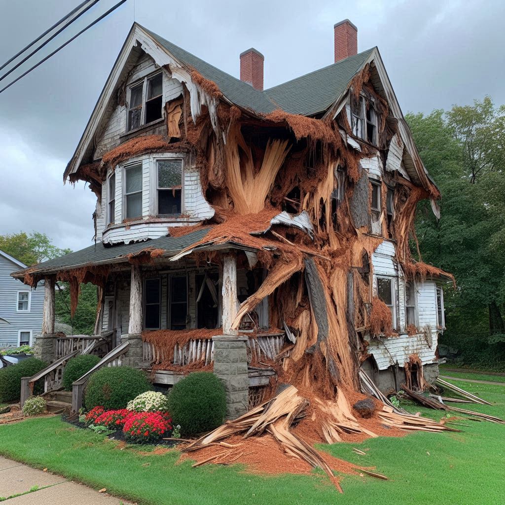 Damaged tree on an Roselle home showing signs of disease and decay